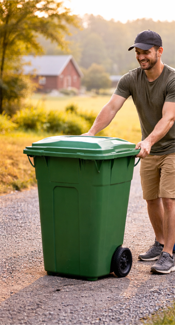 Employé de Location Martin-Lalonde manipulant un bac roulant pour collecte des déchets résidentiels au Québec
