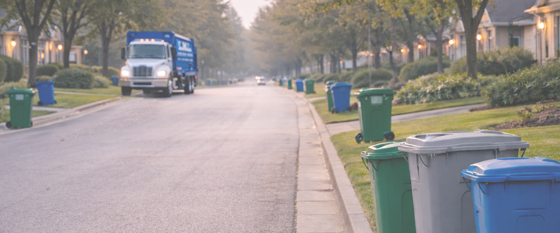 Collecte des déchets résidentiels avec bacs roulants alignés dans une rue à Mont-Tremblant Québec
